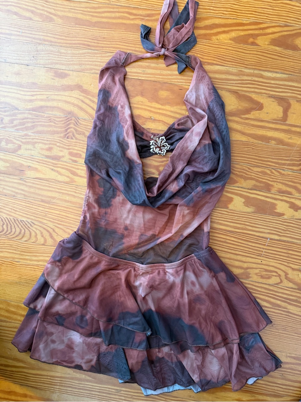 SHEIN Rust and Black Tie-Dye Halter Backless Ruffle Dress